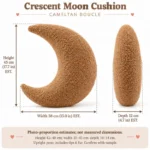 Tan Crescent Moon Plush Pillow — proposed size reference; dimensions require sample confirmation.