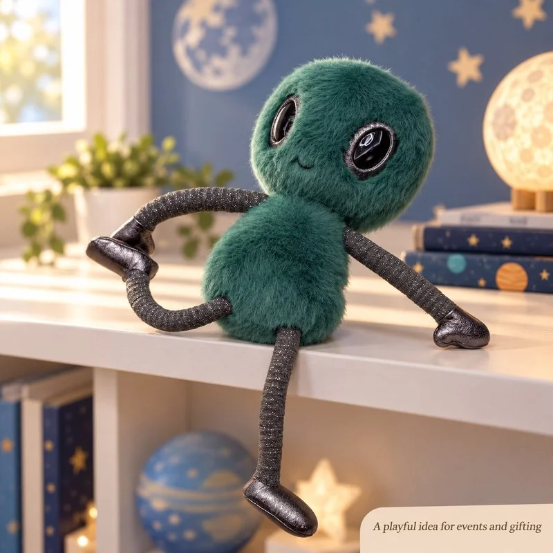 Illustrative application scene featuring teal long limb alien plush; setting is a concept.