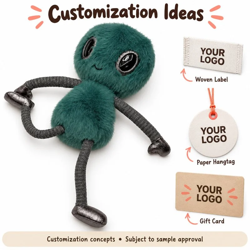 Customization concept for teal long limb alien plush; feasibility and sample approval required.