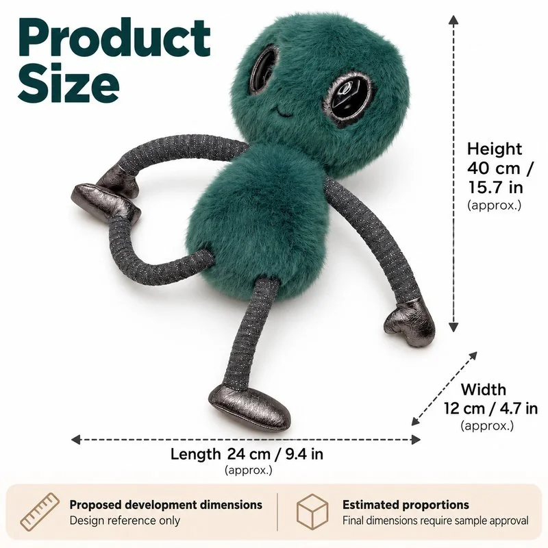 Teal Long Limb Alien Plush — proposed size reference; dimensions require sample confirmation.