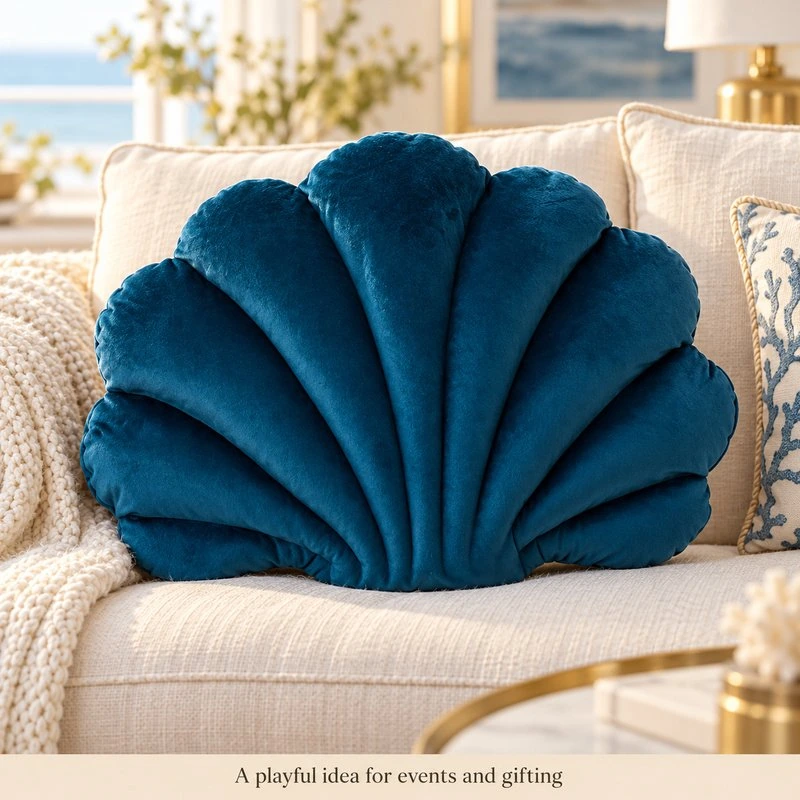 Illustrative application scene featuring teal pleated shell plush cushion; setting is a concept.