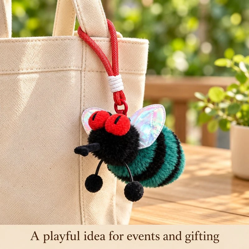 Illustrative application scene featuring teal striped fly plush keychain; setting is a concept.
