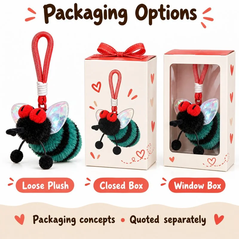 Teal Striped Fly Plush Keychain — optional packaging concept; final artwork, fit and quotation require confirmation.