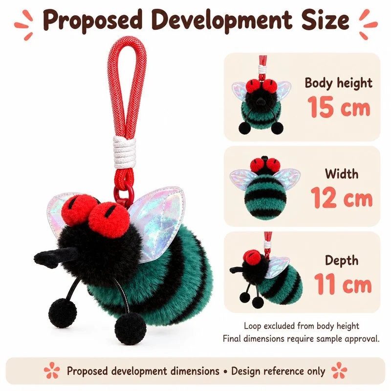 Teal Striped Fly Plush Keychain — proposed size reference; dimensions require sample confirmation.