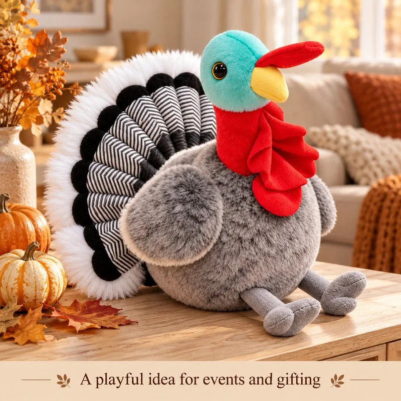 Illustrative application scene featuring thanksgiving fan tail turkey plush; setting is a concept.
