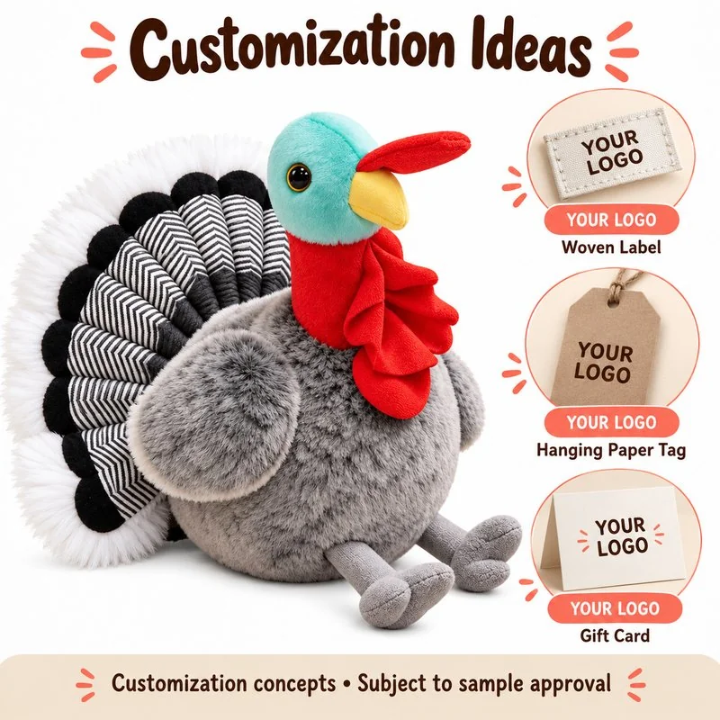 Customization concept for thanksgiving fan tail turkey plush; feasibility and sample approval required.