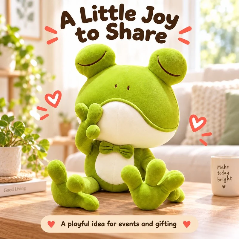 Illustrative application scene featuring thoughtful bow tie frog plush; setting is a concept.
