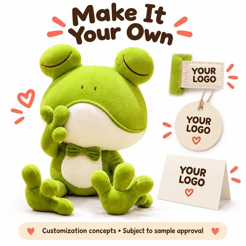 Customization concept for thoughtful bow tie frog plush; feasibility and sample approval required.
