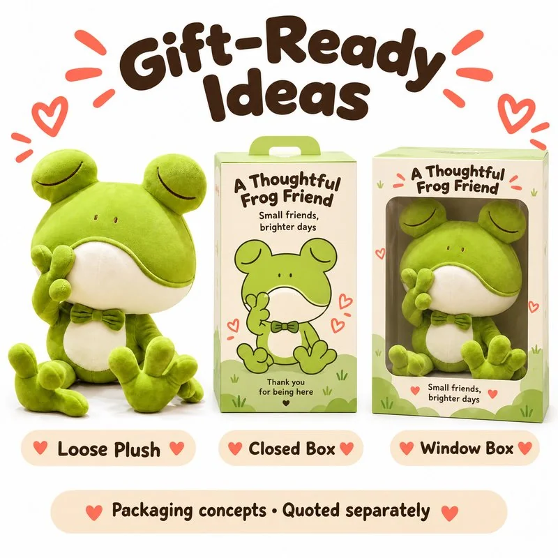 Thoughtful Bow Tie Frog Plush — optional packaging concept; final artwork, fit and quotation require confirmation.