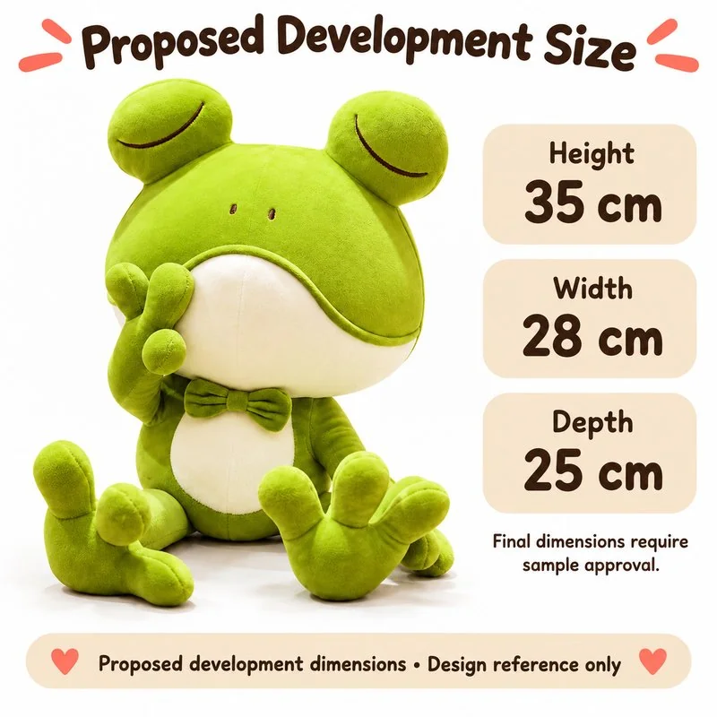 Thoughtful Bow Tie Frog Plush — proposed size reference; dimensions require sample confirmation.