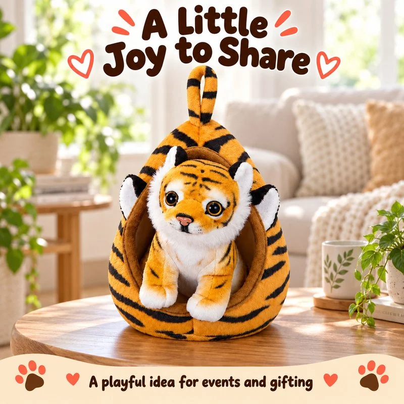 Illustrative application scene featuring tiger cub in carry nest plush; setting is a concept.