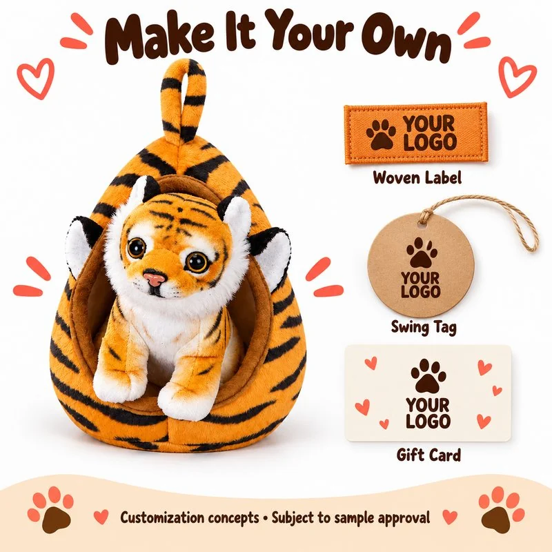 Customization concept for tiger cub in carry nest plush; feasibility and sample approval required.