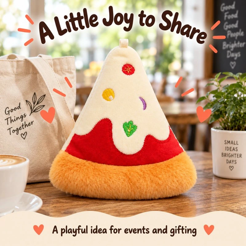Illustrative application scene featuring triangular pizza slice plush charm; setting is a concept.