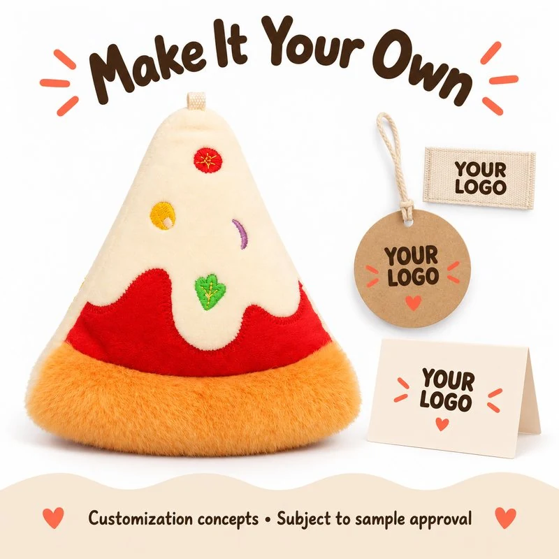 Customization concept for triangular pizza slice plush charm; feasibility and sample approval required.