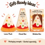 Triangular Pizza Slice Plush Charm — optional packaging concept; final artwork, fit and quotation require confirmation.