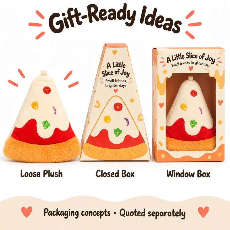 Triangular Pizza Slice Plush Charm — optional packaging concept; final artwork, fit and quotation require confirmation.