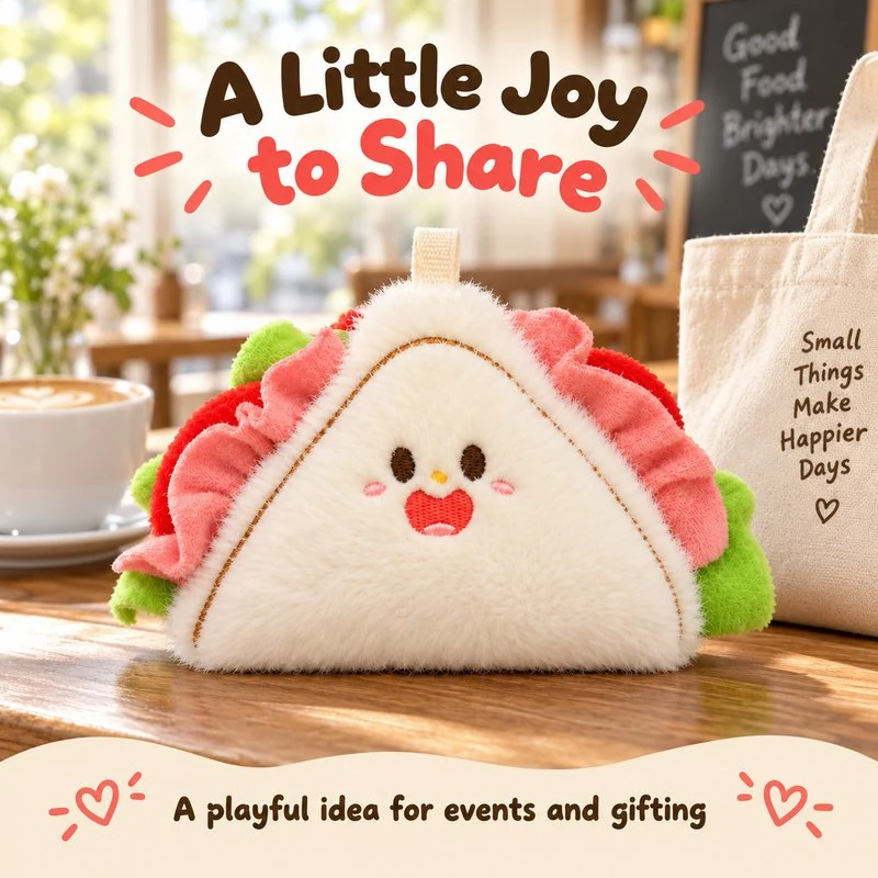 Illustrative application scene featuring triangular sandwich plush charm; setting is a concept.
