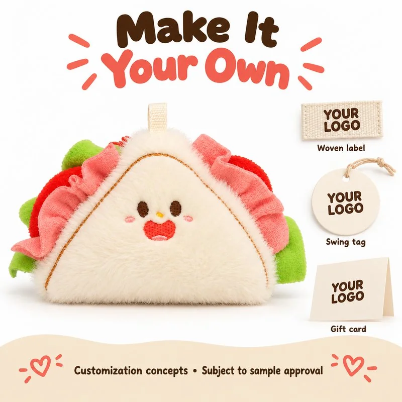 Customization concept for triangular sandwich plush charm; feasibility and sample approval required.