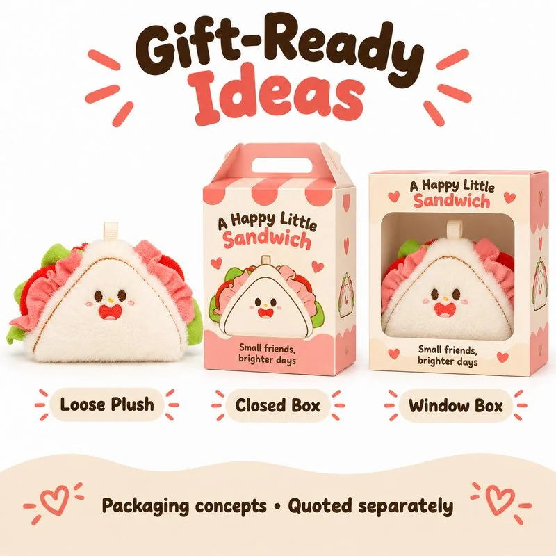 Triangular Sandwich Plush Charm — optional packaging concept; final artwork, fit and quotation require confirmation.