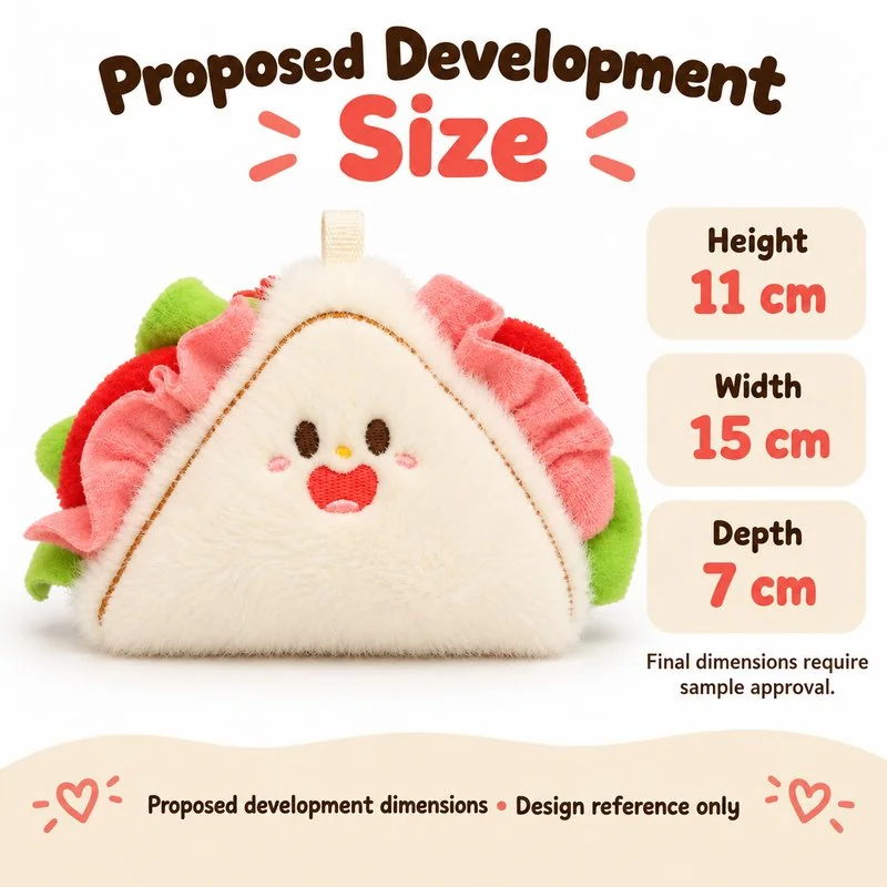 Triangular Sandwich Plush Charm — proposed size reference; dimensions require sample confirmation.