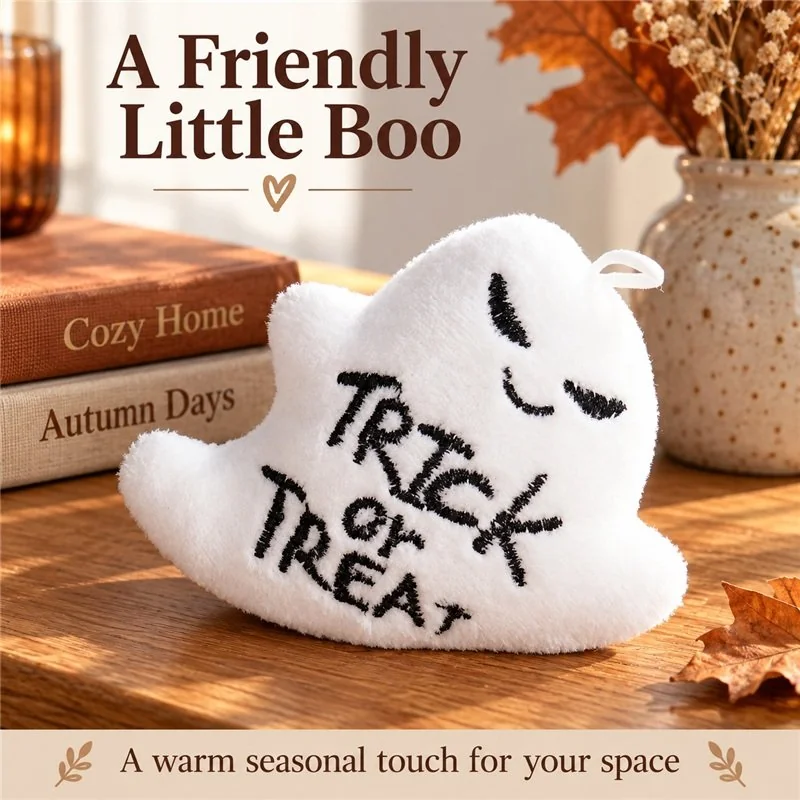Illustrative application scene featuring trick or treat ghost plush; setting is a concept.