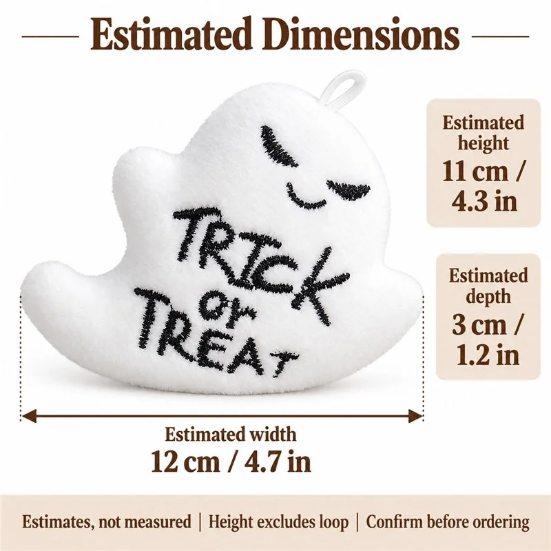 Trick Or Treat Ghost Plush — proposed size reference; dimensions require sample confirmation.
