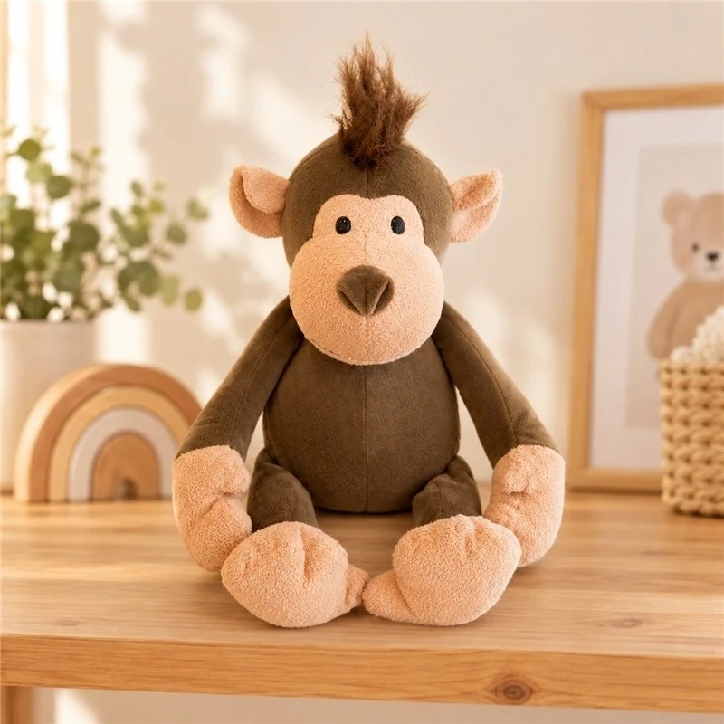 Illustrative application scene featuring tufted hair monkey plush; setting is a concept.