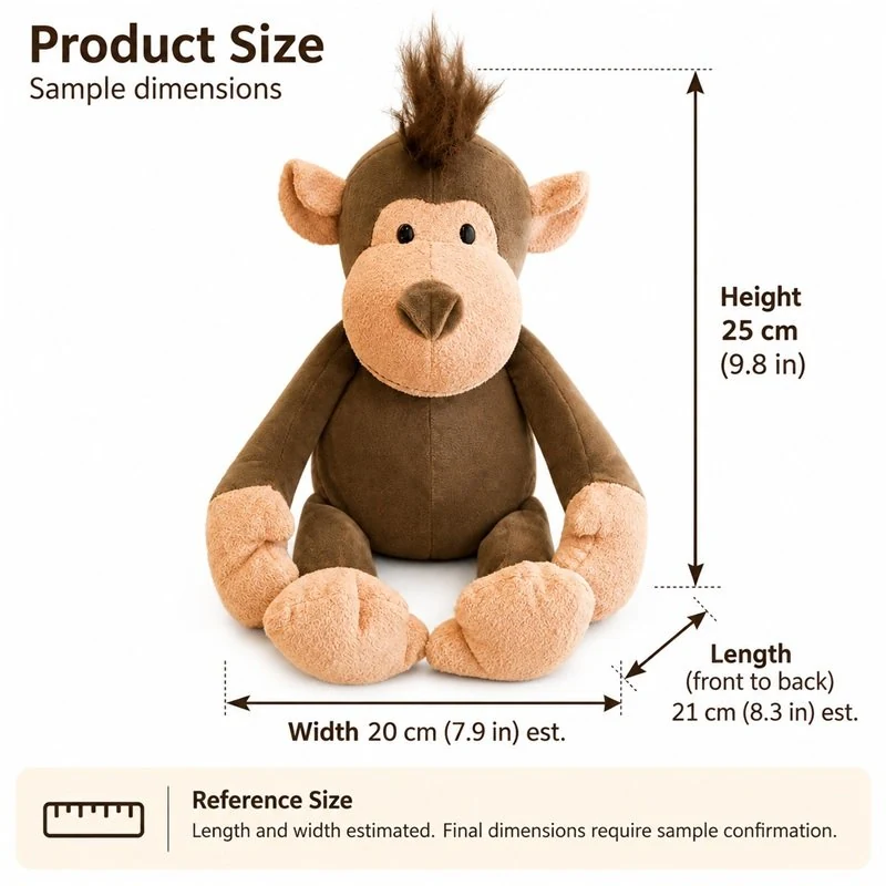 Tufted Hair Monkey Plush — proposed size reference; dimensions require sample confirmation.