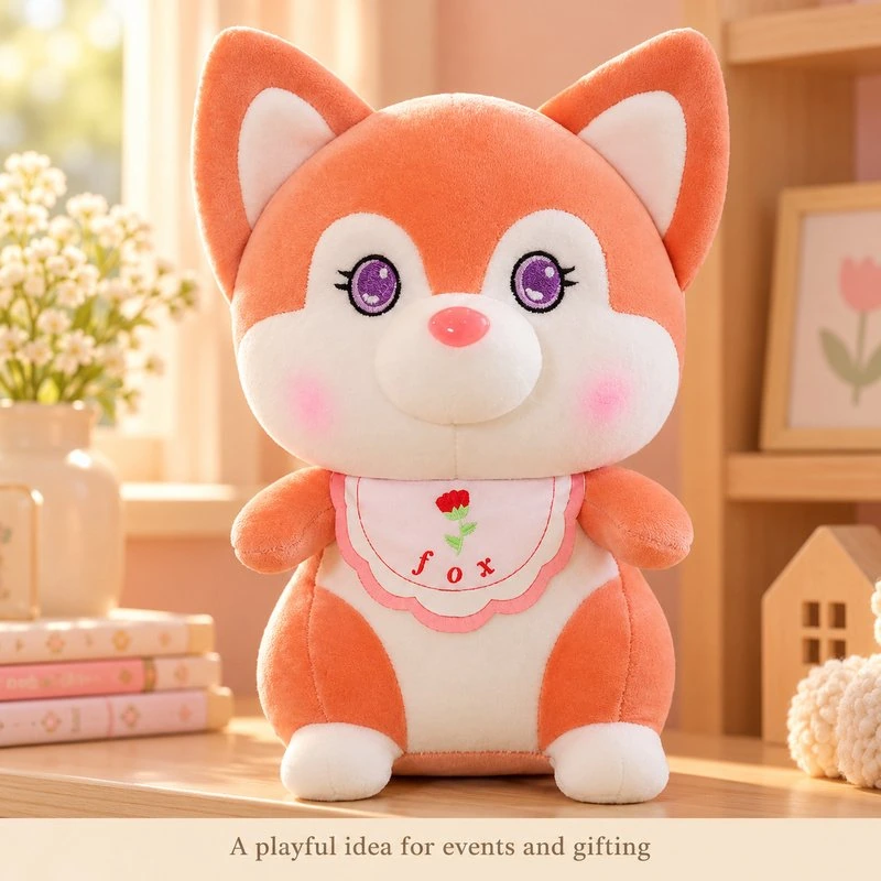 Illustrative application scene featuring tulip bib orange fox plush; setting is a concept.