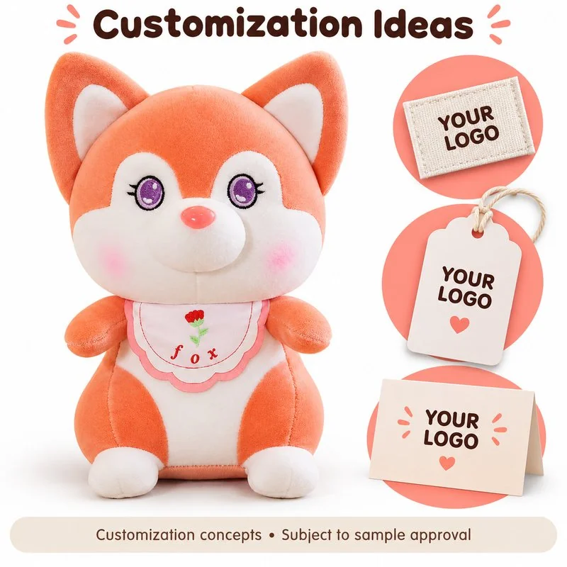 Customization concept for tulip bib orange fox plush; feasibility and sample approval required.