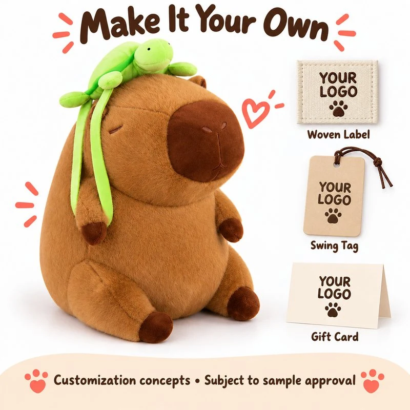 Customization concept for turtle hat capybara plush; feasibility and sample approval required.