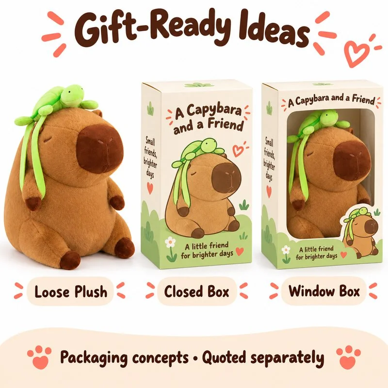 Turtle Hat Capybara Plush — optional packaging concept; final artwork, fit and quotation require confirmation.