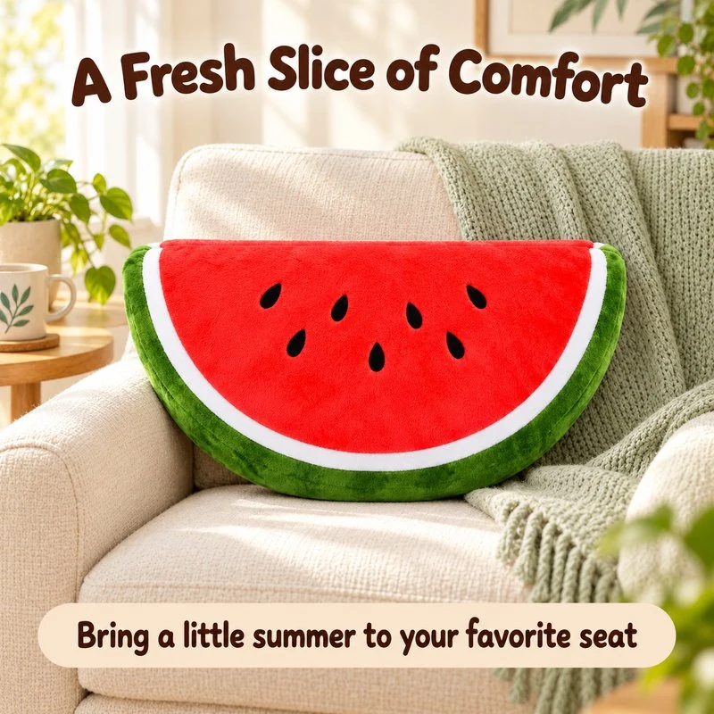 Illustrative application scene featuring watermelon slice plush pillow; setting is a concept.