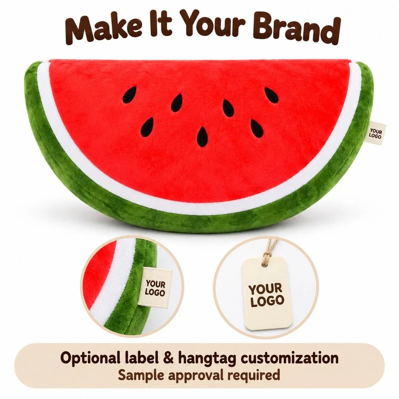 Customization concept for watermelon slice plush pillow; feasibility and sample approval required.