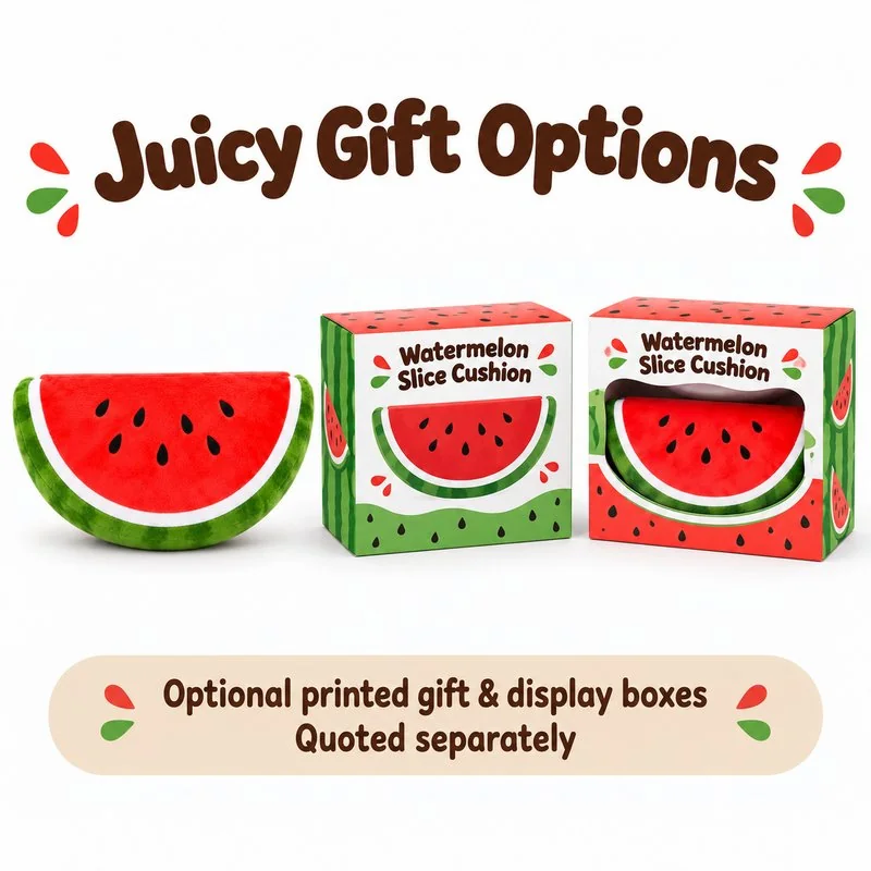 Watermelon Slice Plush Pillow — optional packaging concept; final artwork, fit and quotation require confirmation.