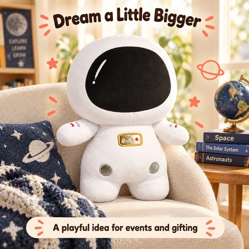 Illustrative application scene featuring white astronaut plush toy; setting is a concept.