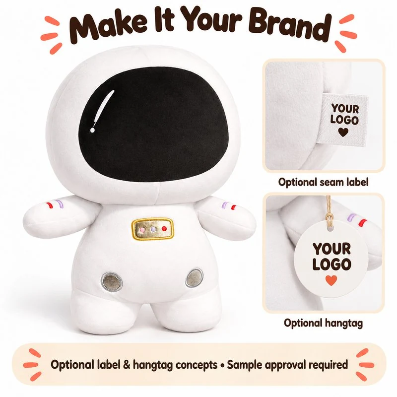 Customization concept for white astronaut plush toy; feasibility and sample approval required.