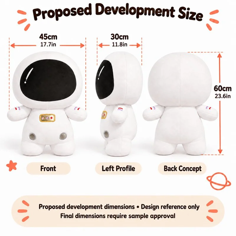 White Astronaut Plush Toy — proposed size reference; dimensions require sample confirmation.