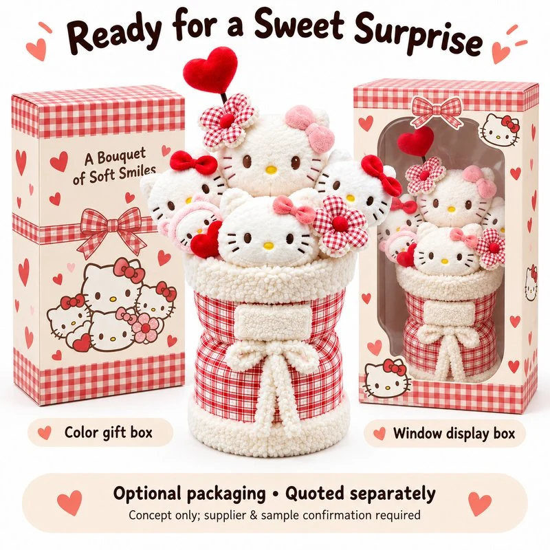 White Cat Plush Bouquet — optional packaging concept; final artwork, fit and quotation require confirmation.
