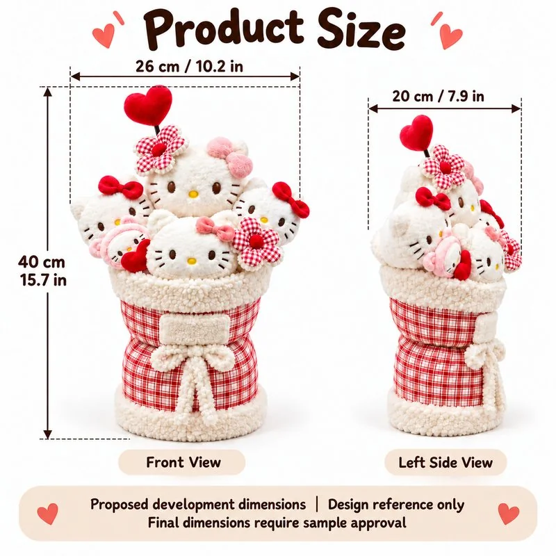 White Cat Plush Bouquet — proposed size reference; dimensions require sample confirmation.