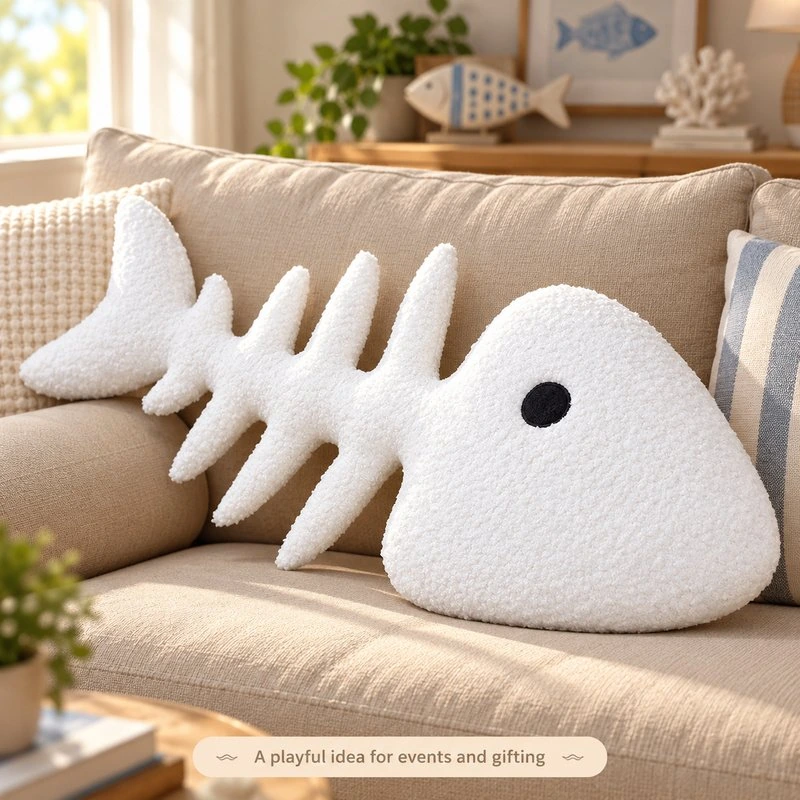 Illustrative application scene featuring white fishbone plush pillow; setting is a concept.