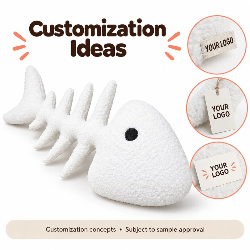 Customization concept for white fishbone plush pillow; feasibility and sample approval required.