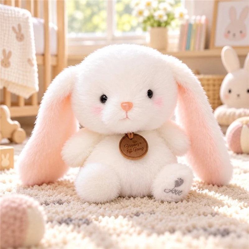 Illustrative application scene featuring white floppy ear rabbit plush; setting is a concept.