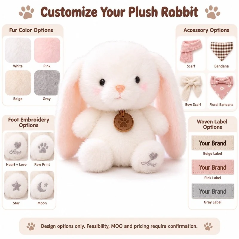 Customization concept for white floppy ear rabbit plush; feasibility and sample approval required.