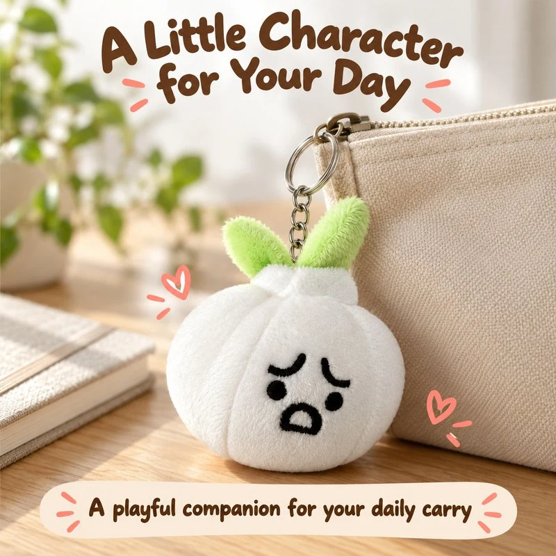 Illustrative application scene featuring white garlic plush keychain; setting is a concept.