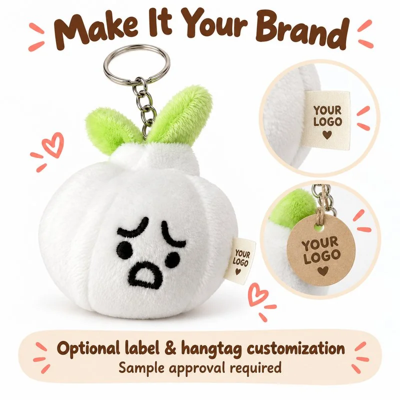 Customization concept for white garlic plush keychain; feasibility and sample approval required.