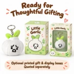 White Garlic Plush Keychain — optional packaging concept; final artwork, fit and quotation require confirmation.