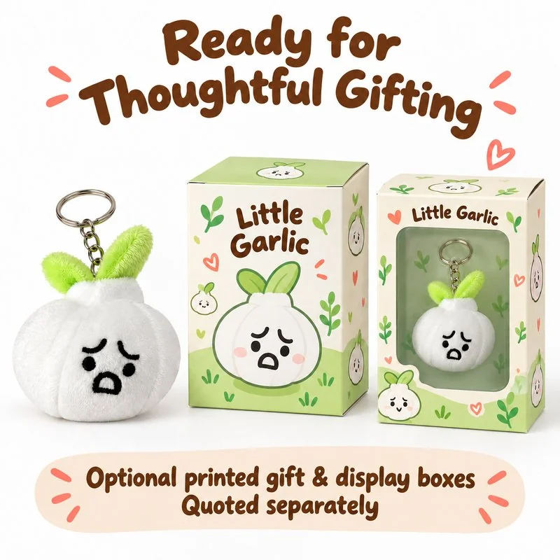 White Garlic Plush Keychain — optional packaging concept; final artwork, fit and quotation require confirmation.