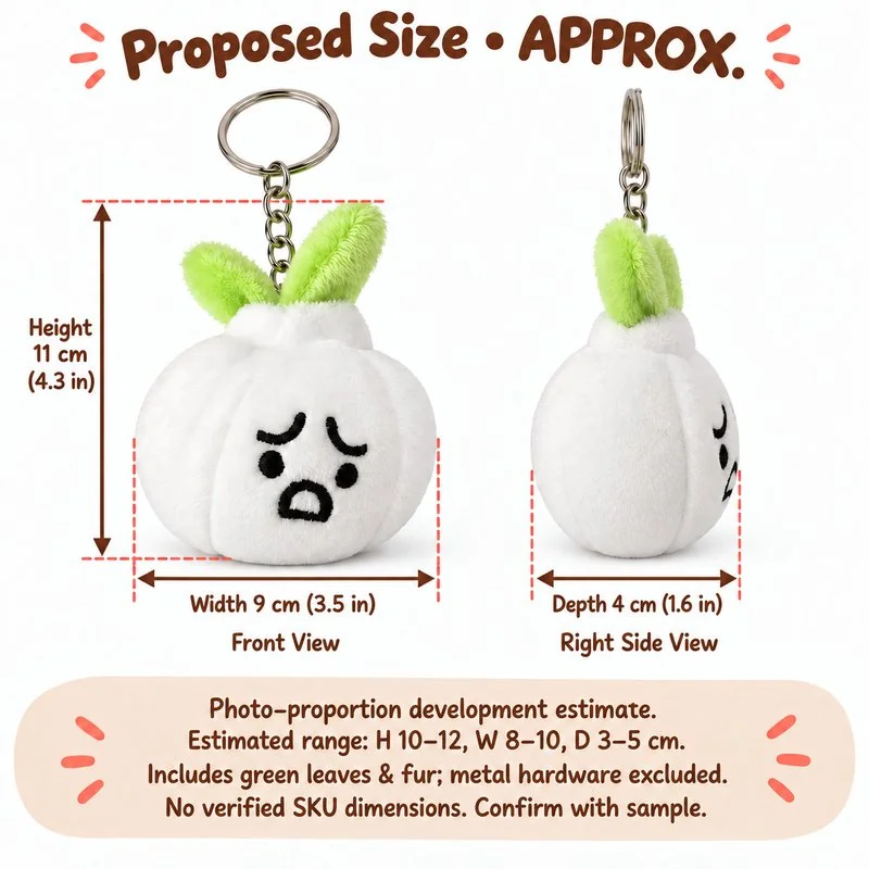 White Garlic Plush Keychain — proposed size reference; dimensions require sample confirmation.