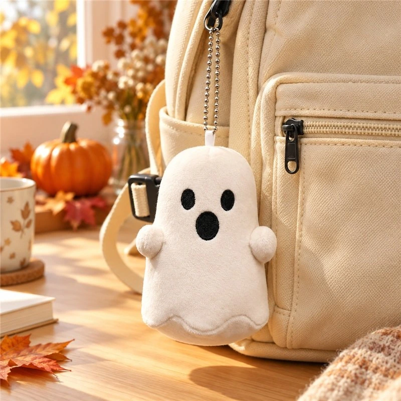 Illustrative application scene featuring white ghost plush bag charm; setting is a concept.